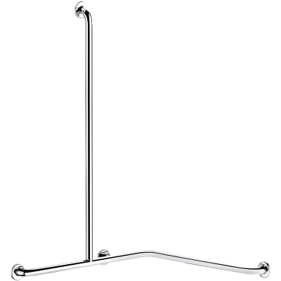 Angled shower grab bar with vertical bar, bright stainless steel