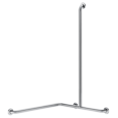 Angled shower grab bar with vertical bar, satin stainless steel