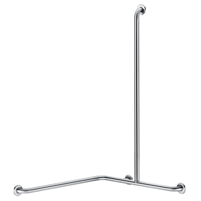 Angled shower grab bar with vertical bar, satin stainless steel