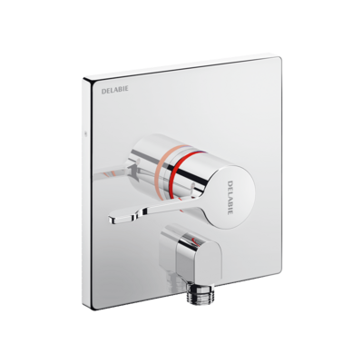 Recessed thermostatic sequential shower mixer with angled outlet